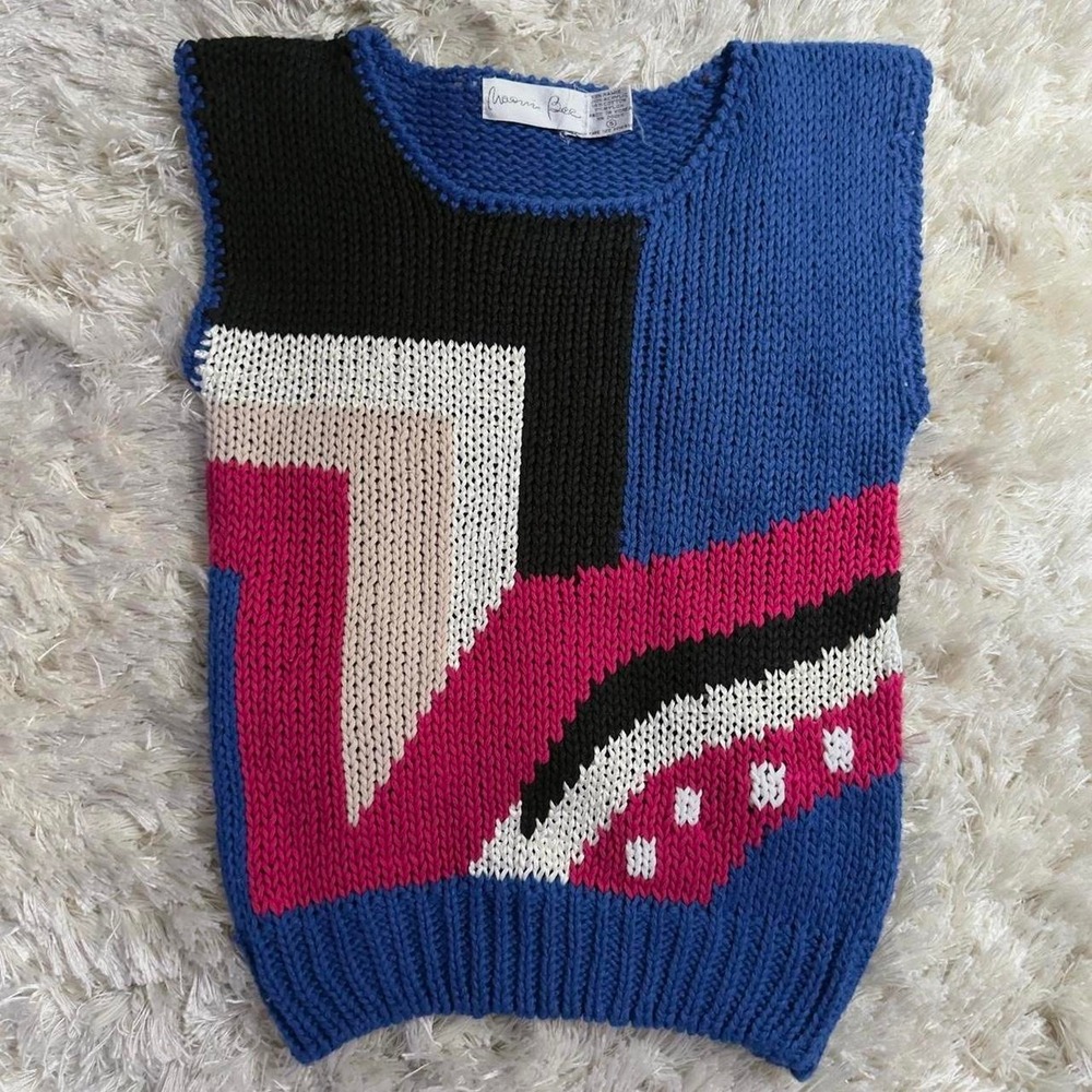 Vintage 90s Naomi Bee Sleeveless Sweater Vest Womens S Funky Memphis Rolled Knit